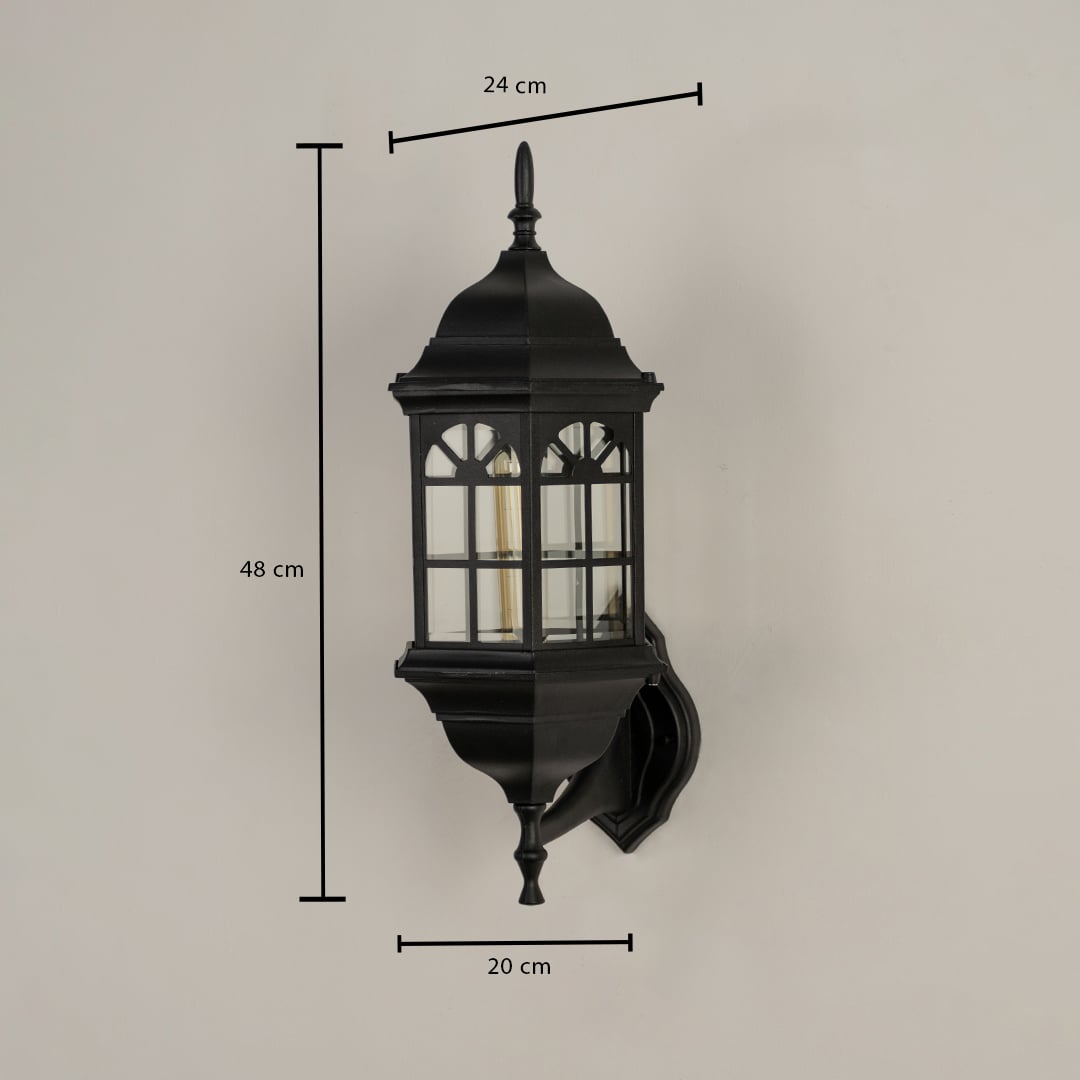 Black metal outdoor wall light dimension image with 48 cm height and arched paneled glass shade for entryway decor.