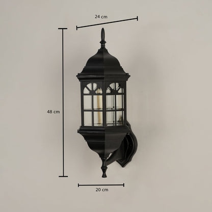 Black metal outdoor wall light dimension image with 48 cm height and arched paneled glass shade for entryway decor.