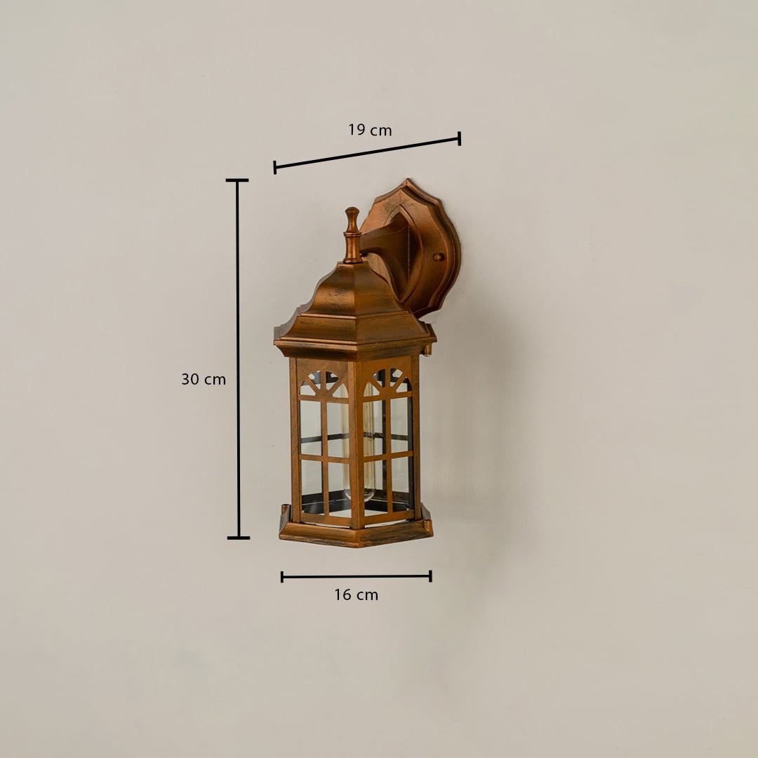 Bronze outdoor lantern shown with dimensions clearly marked at 30 cm height 19 cm width and 16 cm depth for accurate planning of exterior wall lighting placement.