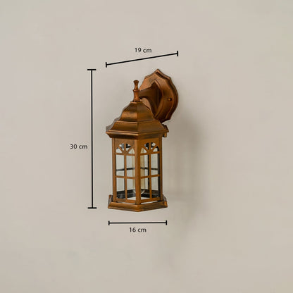 Bronze outdoor lantern shown with dimensions clearly marked at 30 cm height 19 cm width and 16 cm depth for accurate planning of exterior wall lighting placement.