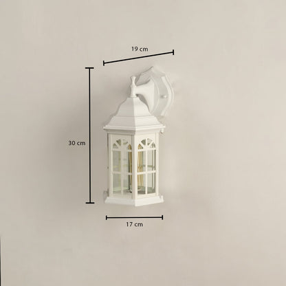 White outdoor lantern shown with clear dimensions 30 cm height 19 cm width and 17 cm depth for accurate planning of exterior wall lighting installation.