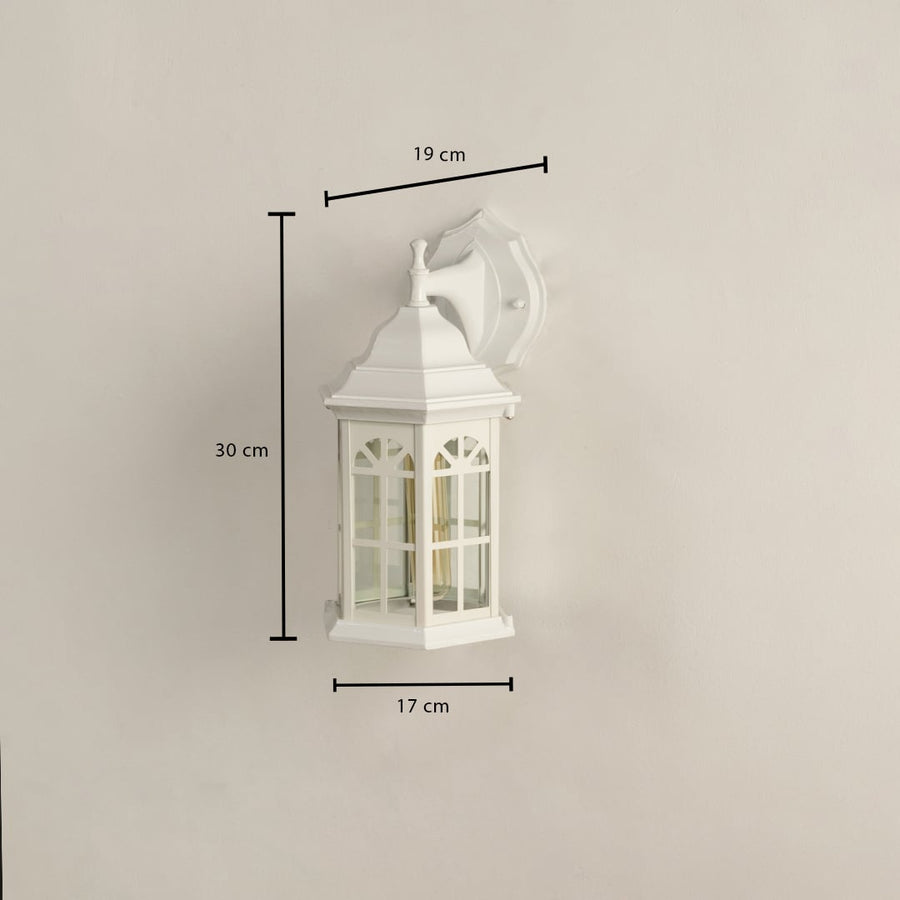 White outdoor lantern shown with clear dimensions 30 cm height 19 cm width and 17 cm depth for accurate planning of exterior wall lighting installation.