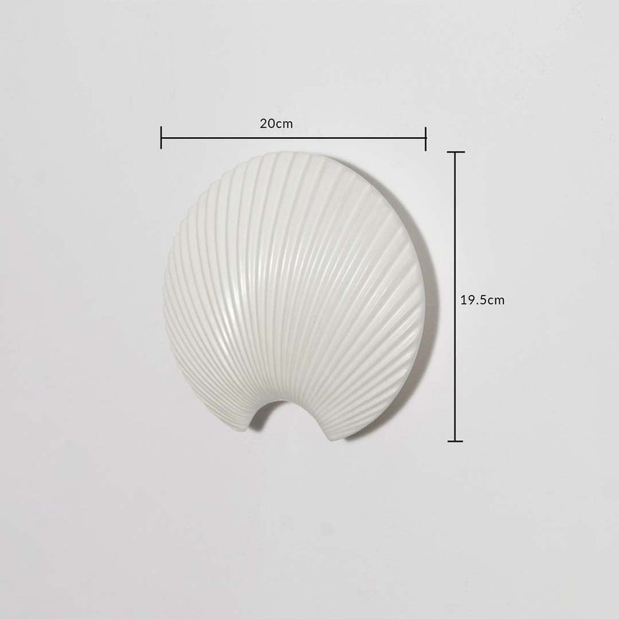 A white shell shaped decorative wall plate shown with measurements displaying 20 cm width and 19.5 cm height to provide accurate size details for easy styling reference.