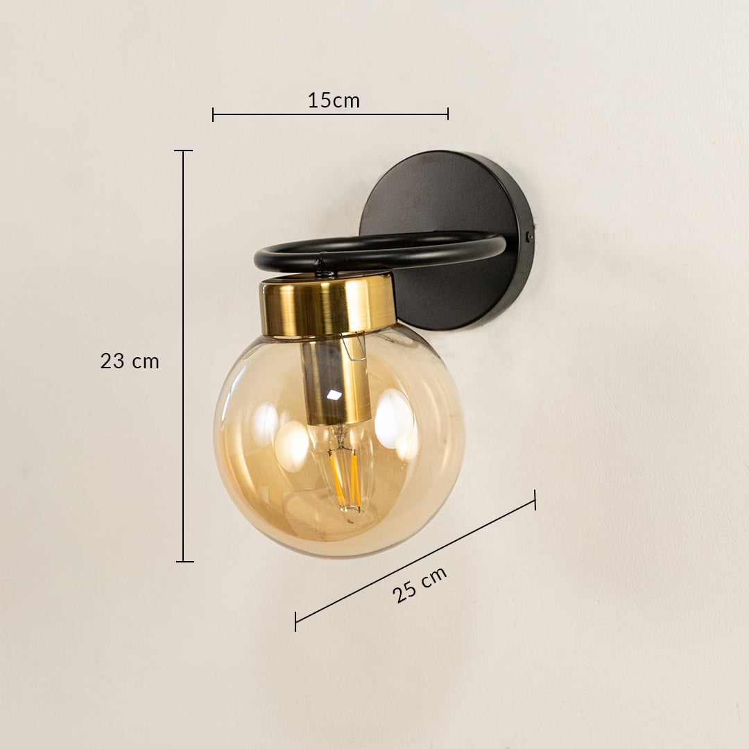 Wall mounted glass globe light showing 23 cm height 15 cm width and 20 cm projection for accurate interior wall placement.