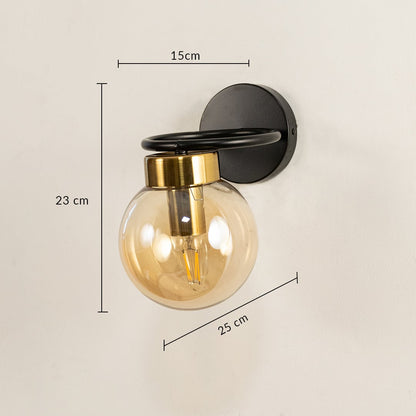 Wall mounted glass globe light showing 23 cm height 15 cm width and 20 cm projection for accurate interior wall placement.