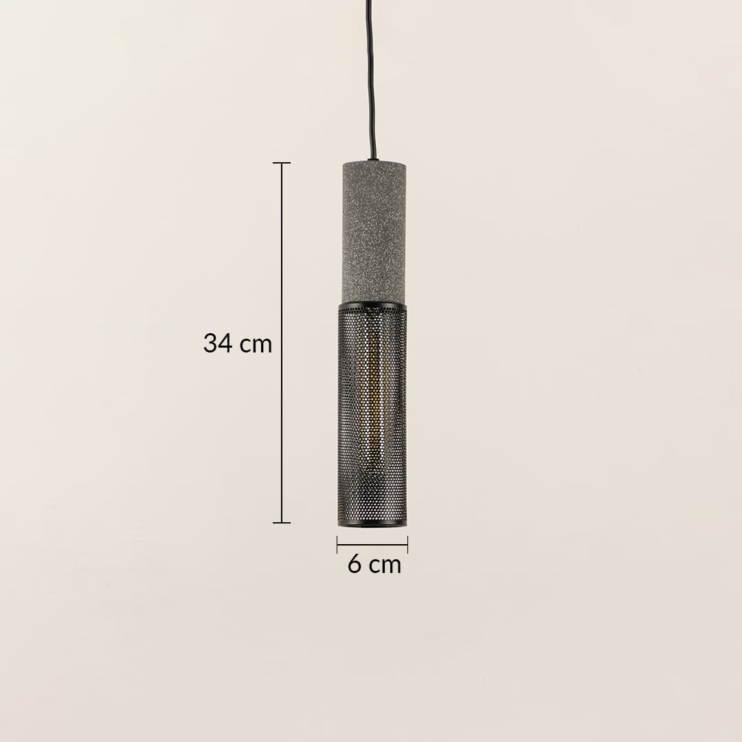 Black cylindrical mesh pendant ceiling light with height 34 cm and width 6 cm displayed clearly on plain off white background.