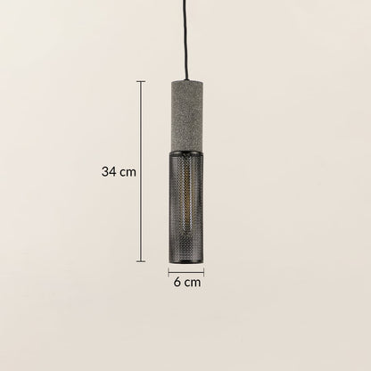 Black cylindrical mesh pendant ceiling light with height 34 cm and width 6 cm displayed clearly on plain off white background.