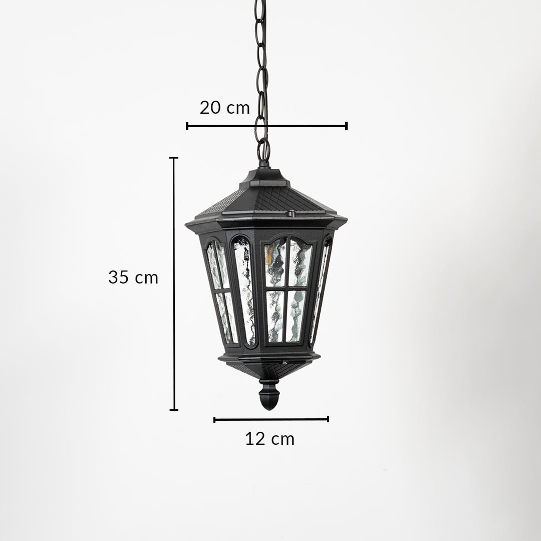 Hanging lantern light with dimensions 35 cm height 20 cm width and 12 cm depth on white background shows accurate product sizing.