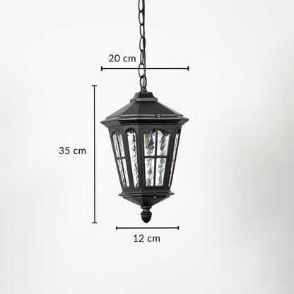 Hanging lantern light with dimensions 35 cm height 20 cm width and 12 cm depth on white background shows accurate product sizing.