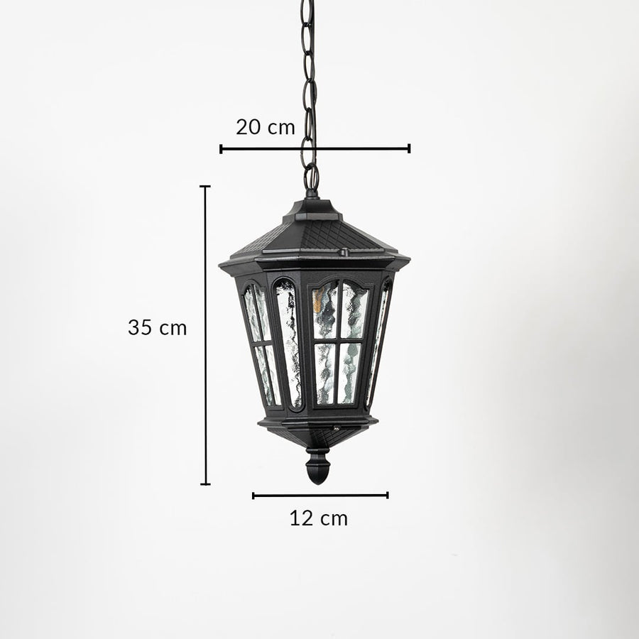 Hanging lantern light with dimensions 35 cm height 20 cm width and 12 cm depth on white background shows accurate product sizing.