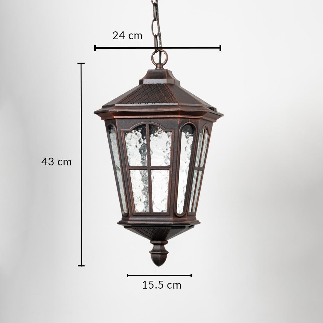 Outdoor hanging lantern with detailed measurements 43 cm height 24 cm width and 15.5 cm depth.