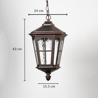 Outdoor hanging lantern with detailed measurements 43 cm height 24 cm width and 15.5 cm depth.