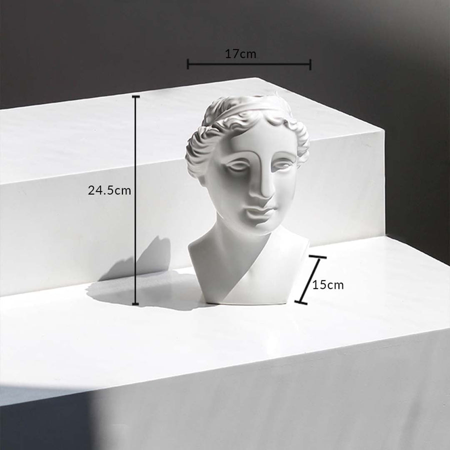 White bust sculpture shown with dimensions 24.5 cm height 17 cm width and 15 cm depth offering clear size reference for home decor planning.