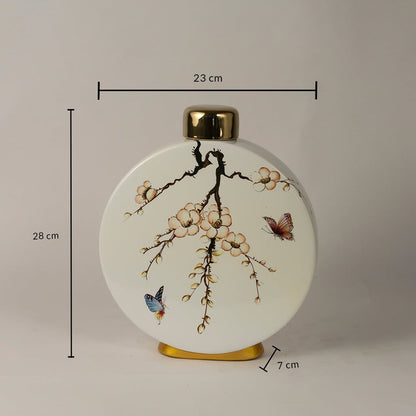 Round ceramic jar measuring 28 cm in height and 23 cm in width with elegant floral and butterfly design.