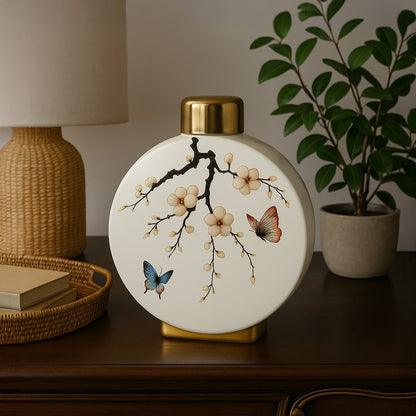 Round ceramic jar with floral and butterfly artwork adding an elegant decorative accent to a wooden sideboard.