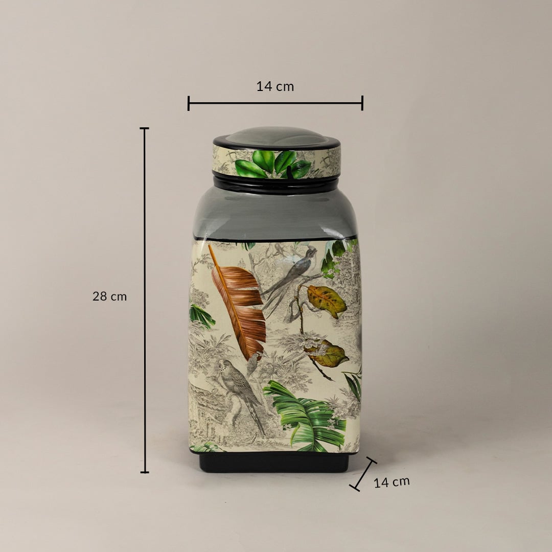 Tropical bird jar measuring 28 cm in height and 14 cm in width featuring tropical prints.