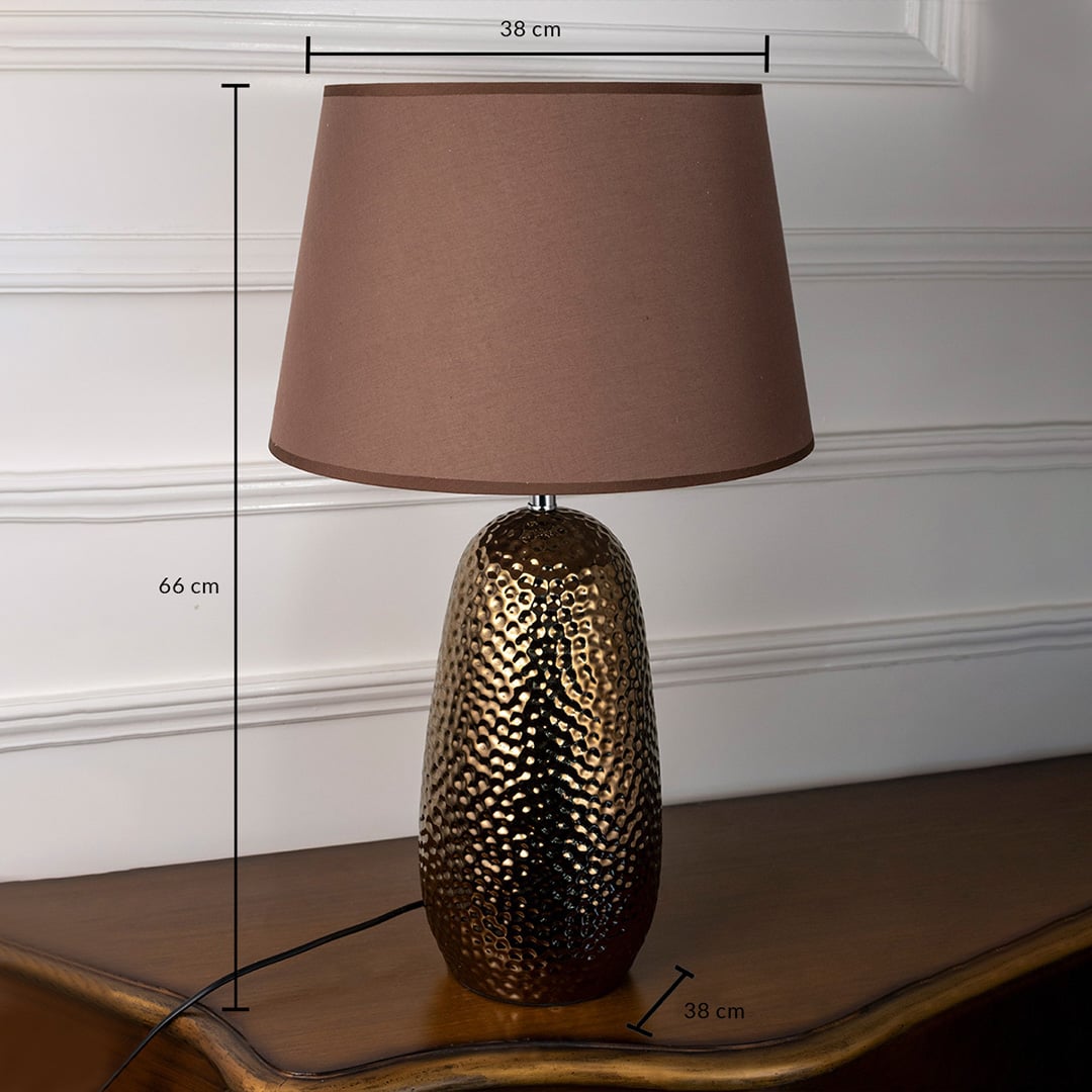 Bronze table lamp dimensions image showing height of 66 cm and lampshade width of 38 cm for size reference.