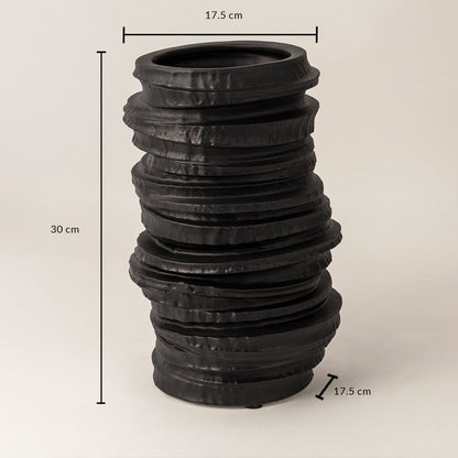 Aero black ceramic vase measuring 30 cm in height and 17.5 cm in width shown with size dimensions on a neutral backdrop.