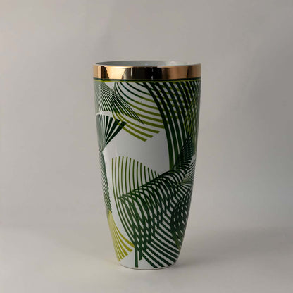 Contemporary ceramic vase with green palm leaf pattern and glossy golden rim ideal for living room table and corner decoration.