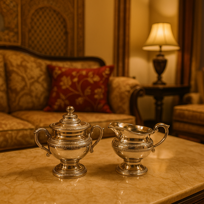 Intricately designed silver sugar pot and creamer set placed on a marble table in a luxurious living room setting adding a touch of timeless sophistication.