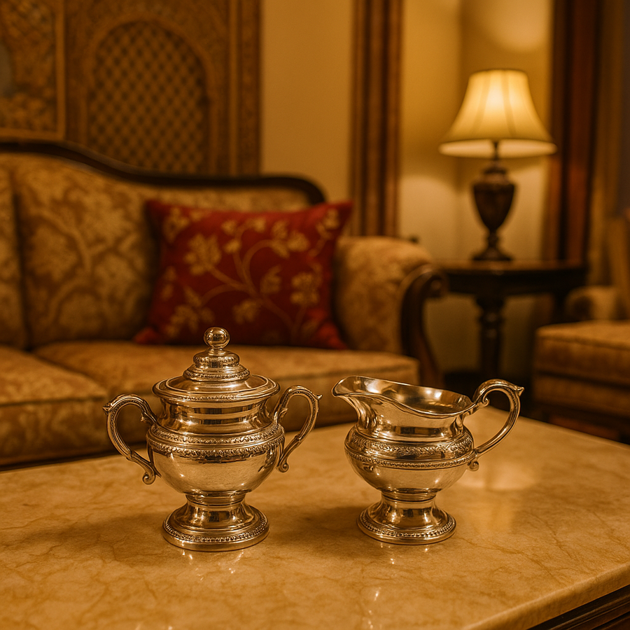 Intricately designed silver sugar pot and creamer set placed on a marble table in a luxurious living room setting adding a touch of timeless sophistication.