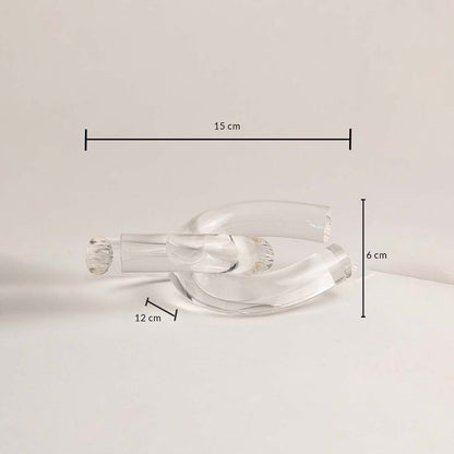 Glass knot decor dimensions shown as 15 cm length 12 cm width 6 cm height for perfect tabletop or shelf decoration.