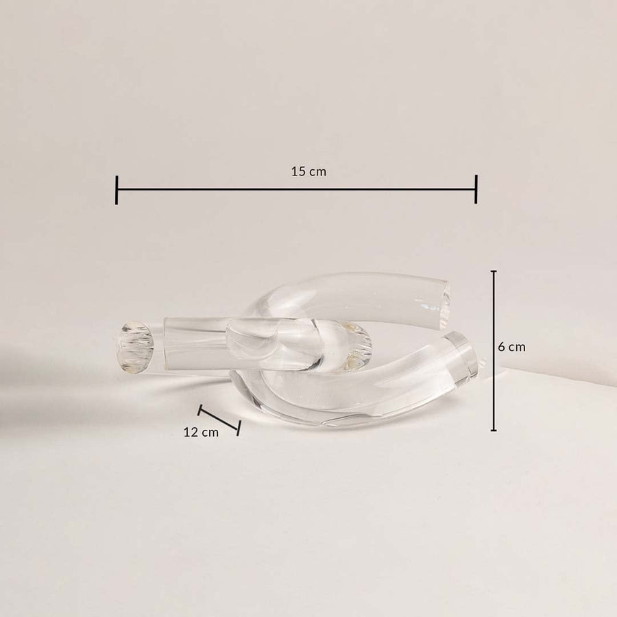 Glass knot decor dimensions shown as 15 cm length 12 cm width 6 cm height for perfect tabletop or shelf decoration.
