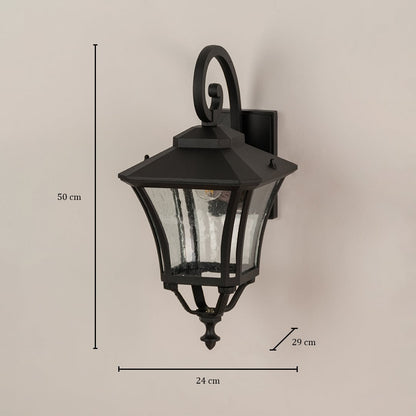 Black outdoor lantern with clear textured glass sized at 50 cm height 24 cm width and 29 cm depth for exterior walls.