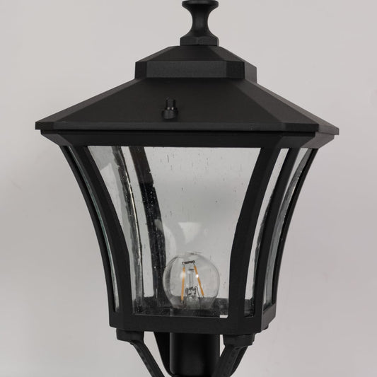 Close detailed view of black metal outdoor lantern with clear textured glass showing bulb design for stylish exterior lighting.