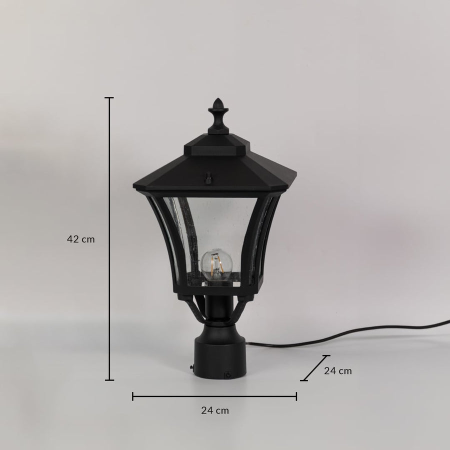 Black outdoor pillar lantern with clear glass measuring 42 cm height and 24 cm width shown for accurate size reference.