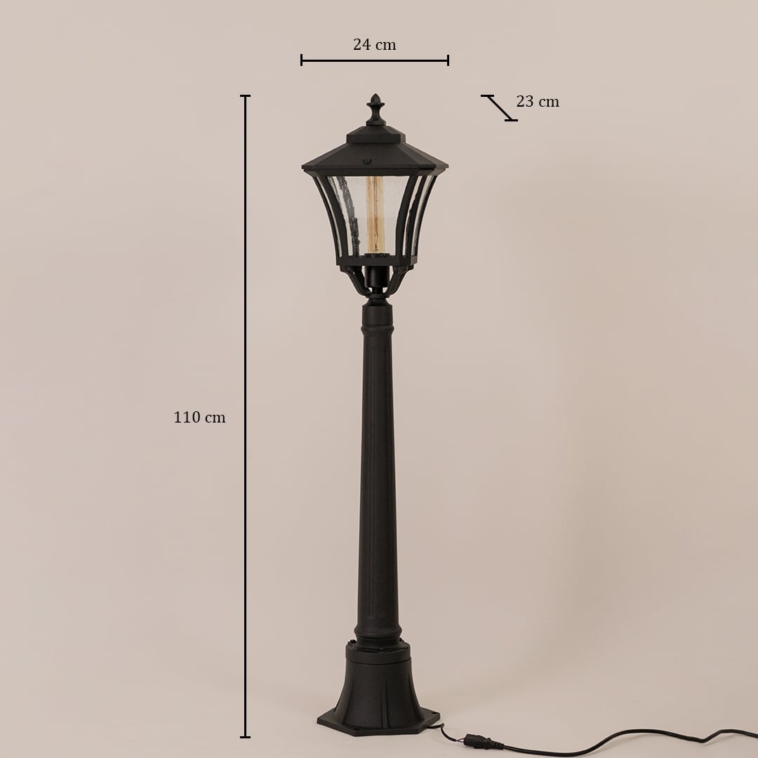 Traditional black outdoor post lamp measuring 110cm height 24cm width and 23cm depth with Victorian style lantern head.