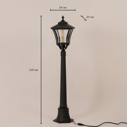 Traditional black outdoor post lamp measuring 110cm height 24cm width and 23cm depth with Victorian style lantern head.
