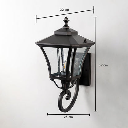 Wall-mounted outdoor lantern light showing measurements of 32 cm width 25 cm depth and 52 cm height for accurate sizing.