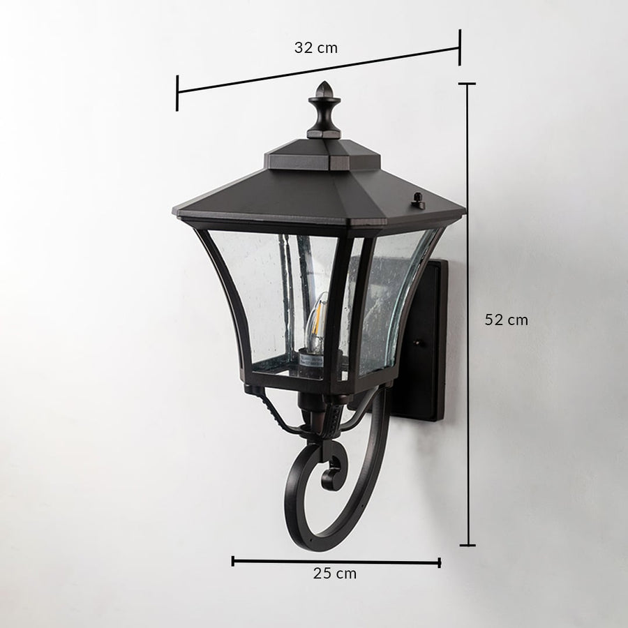 Wall-mounted outdoor lantern light showing measurements of 32 cm width 25 cm depth and 52 cm height for accurate sizing.