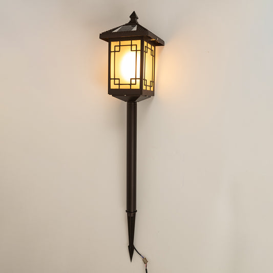 Vintage black outdoor garden light with glowing panels for stylish exterior decor styling use.