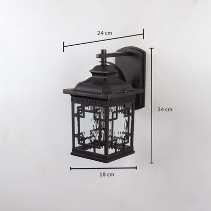 Outdoor wall light with measurements 24 cm width 18 cm depth and 34 cm height.