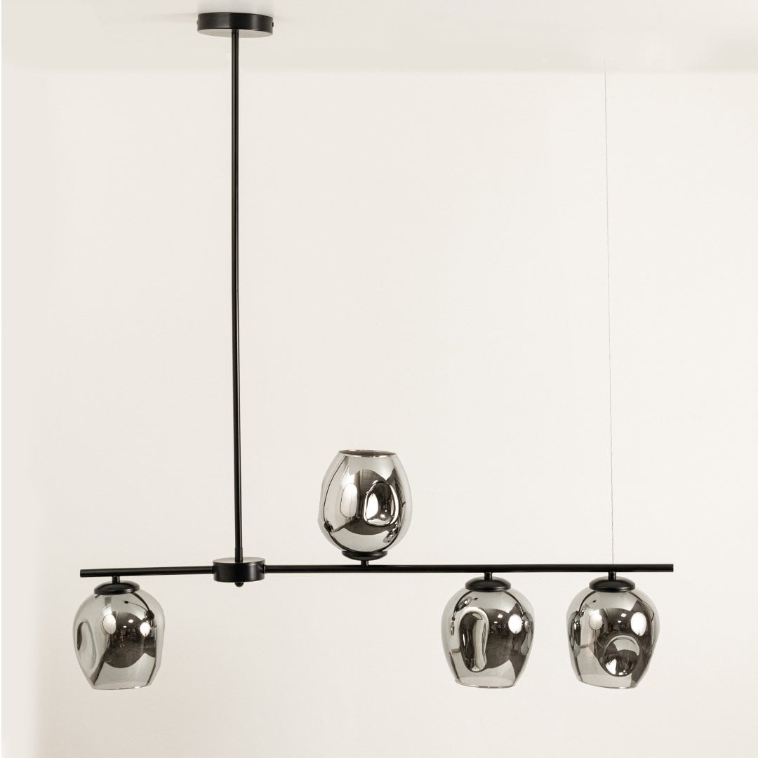 Chrome glass chandelier displayed on white background with lights off showcasing metallic globes and refined geometric design.