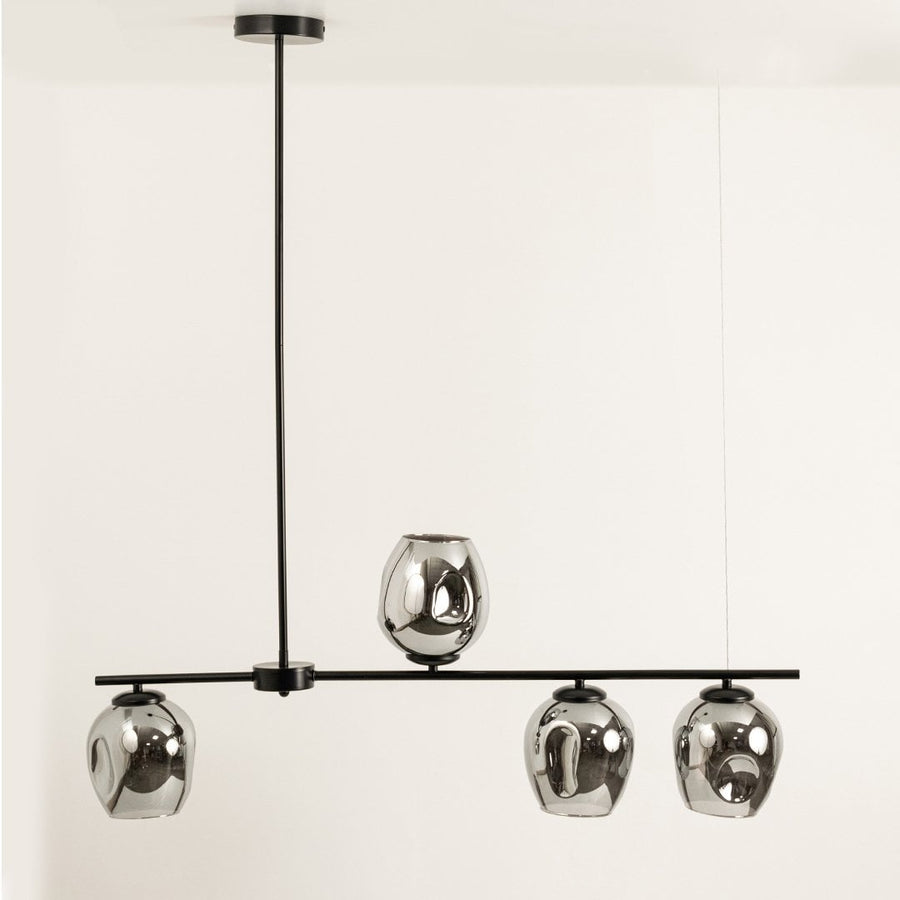Chrome glass chandelier displayed on white background with lights off showcasing metallic globes and refined geometric design.