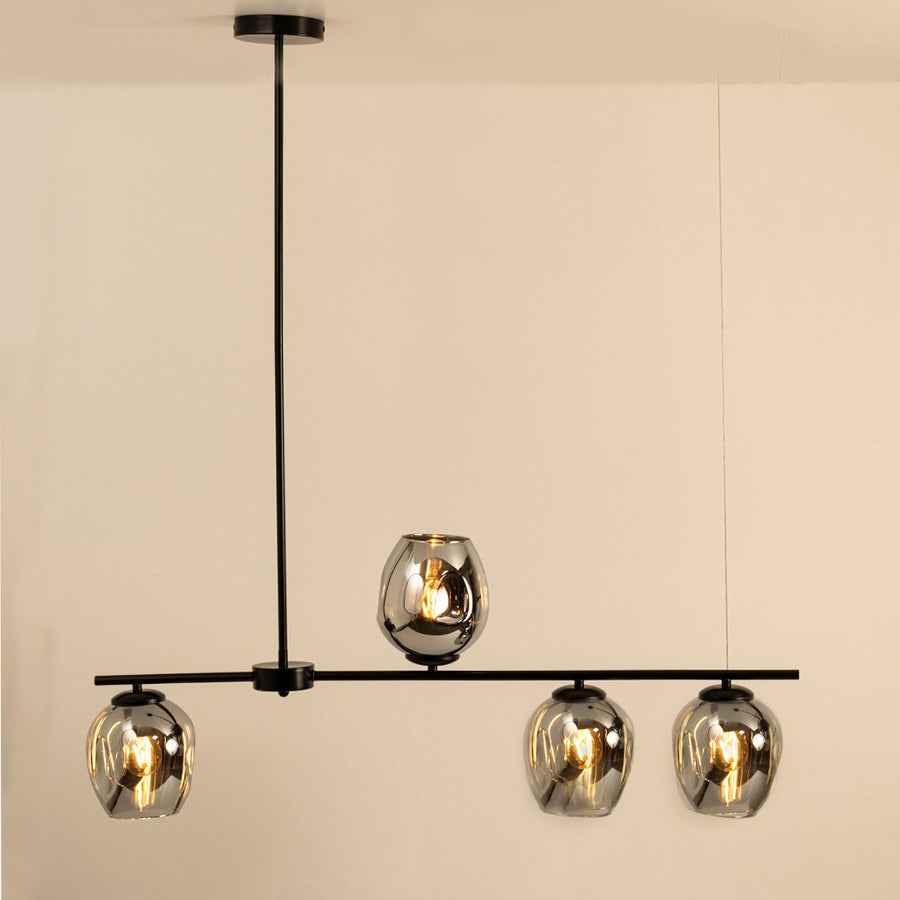 Smoked glass pendant chandelier with black metal frame and illuminated shades for elegant contemporary ceiling lighting.
