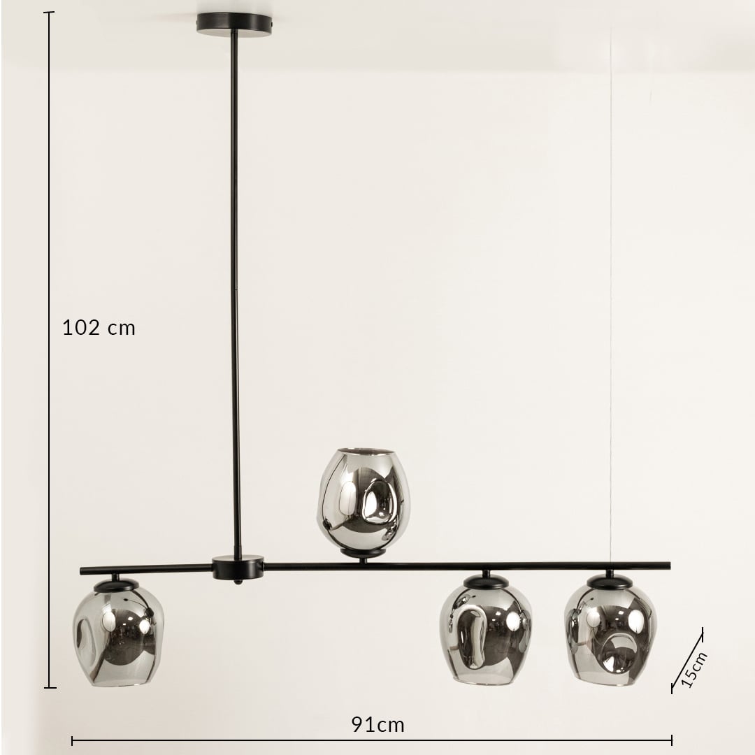 Designer black and chrome chandelier showing 102 cm height and 91 cm width ideal for luxury dining or modern living interiors.
