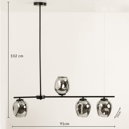 Designer black and chrome chandelier showing 102 cm height and 91 cm width ideal for luxury dining or modern living interiors.