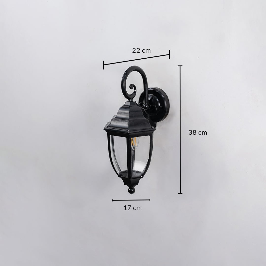 Lantern wall light dimensions displayed on white background 38 cm height 22 cm depth and 17 cm width.