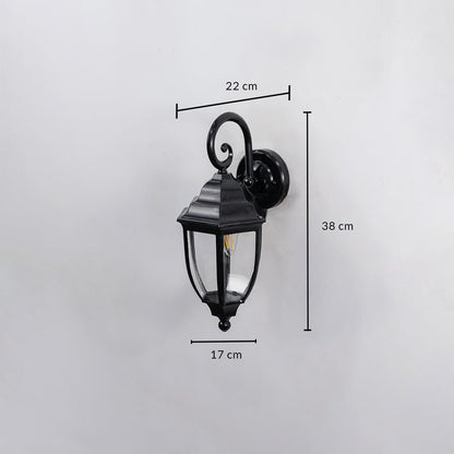 Lantern wall light dimensions displayed on white background 38 cm height 22 cm depth and 17 cm width.