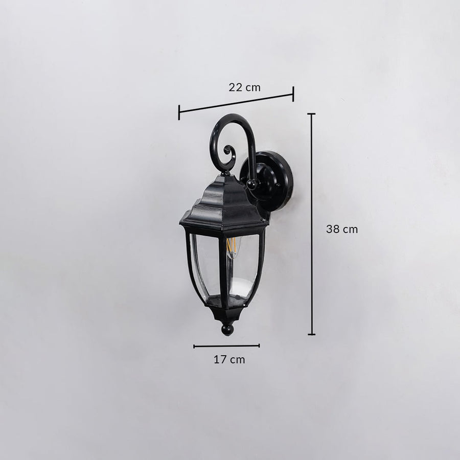 Lantern wall light dimensions displayed on white background 38 cm height 22 cm depth and 17 cm width.