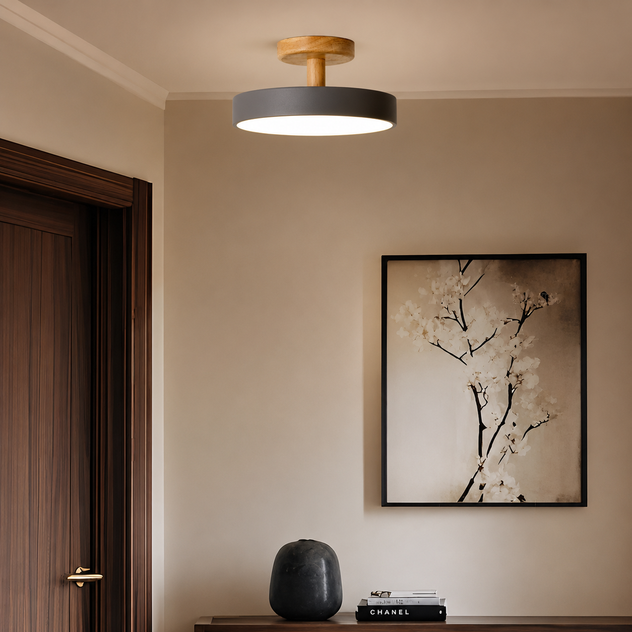 Lifestyle image of grey macaron loft led ceiling light for elegant living room decor styling and modern home lighting.