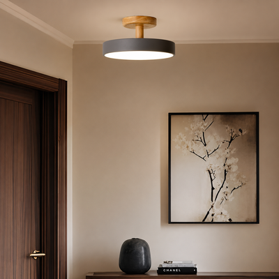 Lifestyle image of grey macaron loft led ceiling light for elegant living room decor styling and modern home lighting.
