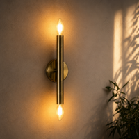 Elegant gold brass double candle wall sconce casting warm glowing ambient light onto a rustic textured entryway wall.