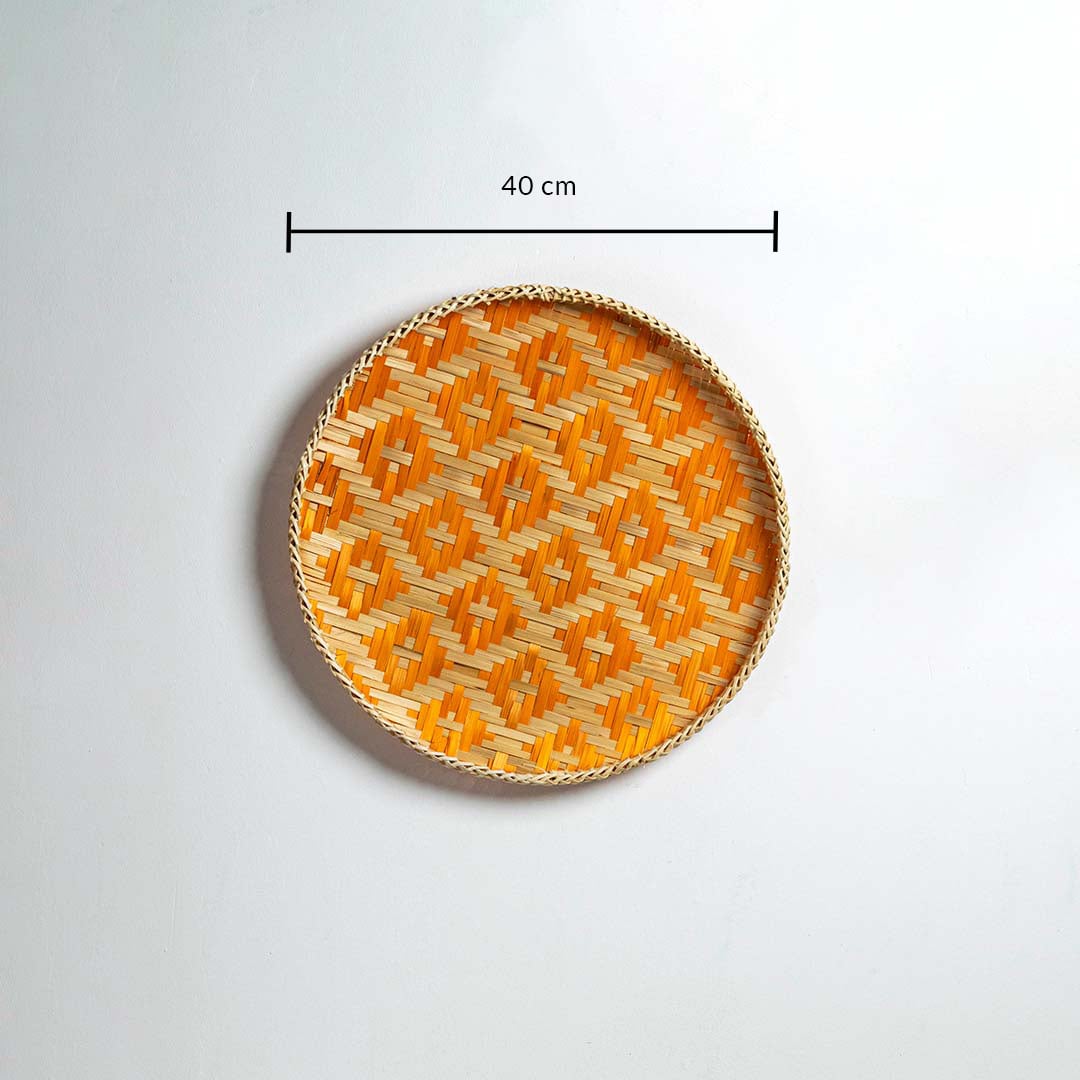 Bamboo wall plate dimension image showing 40 cm diameter highlighting natural texture and symmetrical woven artistry.