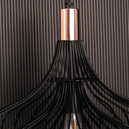 Closeup of the black wire pendant lamp showing the metal road and visible bulb for an artistic modern look.