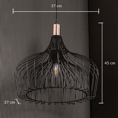 Black wire pendant lamp shown on black background with measurements of 37 cm width 45 cm height and 37 cm depth for accurate size reference.
